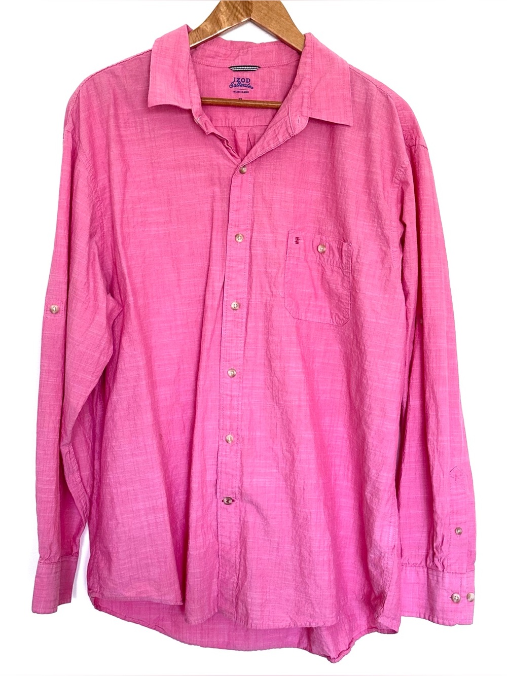 Izod Saltwater Shirt Men’s XL Cotton Button Up Long Roll Tab Sleeve Pocket Top